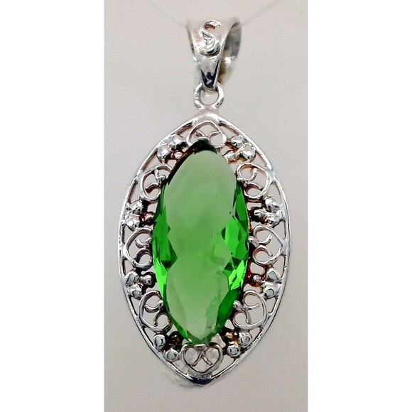 Lime Green Peridot Gemstone Pendant 925 Sterling Silver Filigree Marquise Shaped